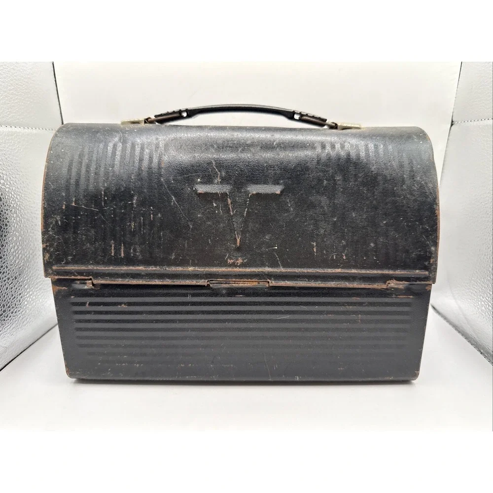 Vtg MCM Thermos black metal dome lunch box handle Industrial V Victory 60s Retro